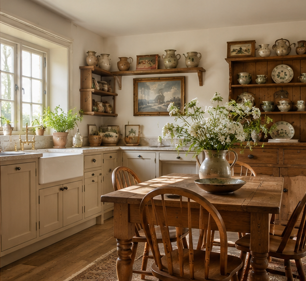 Cocina English Cottage cálida con muebles blancos