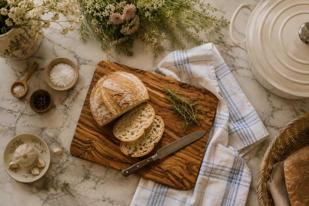 Plano cenital de tabla de madera con pan en una cocina acogedora