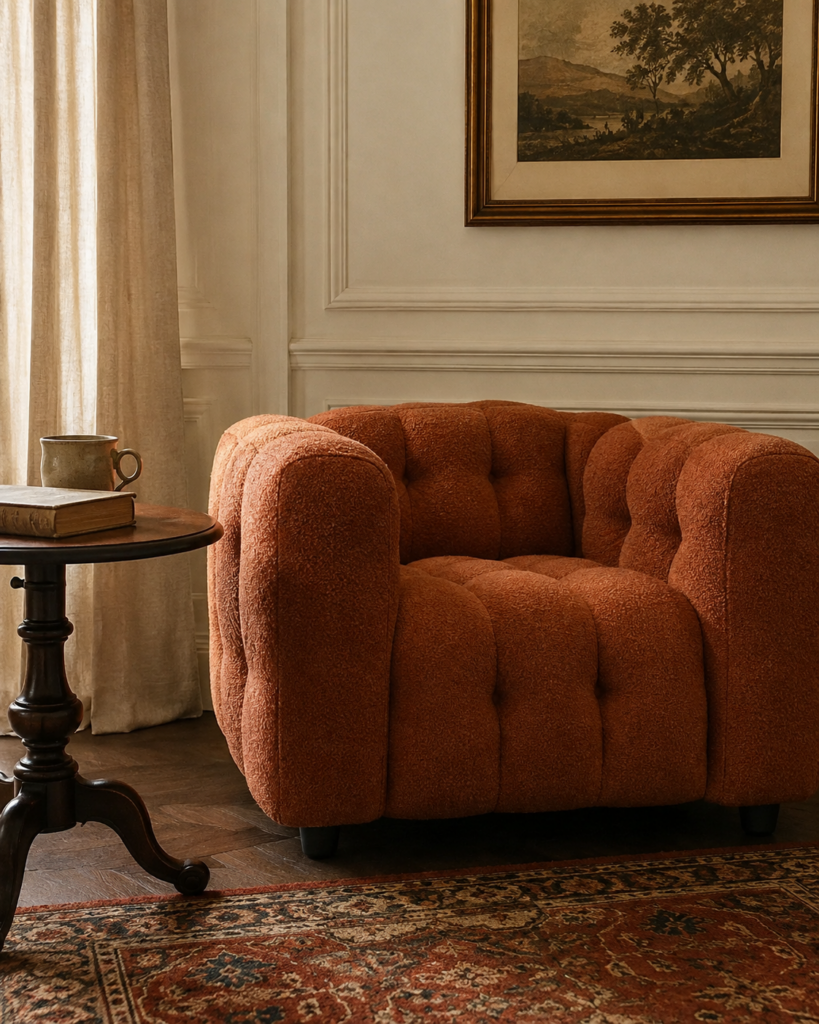 Sillón contemporáneo tapizado en terracota dentro de un salón clásico.