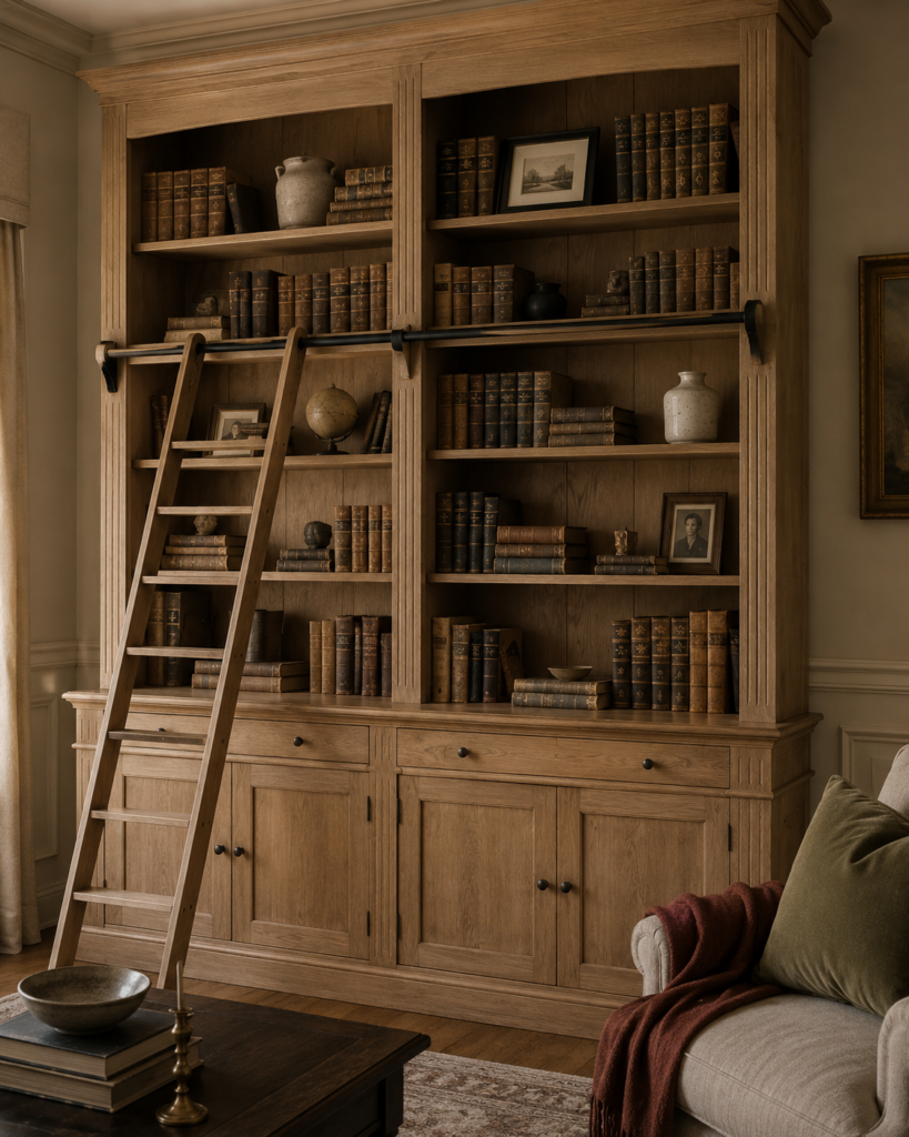 Librería clásica de madera con libros y escalera en un salón inglés.