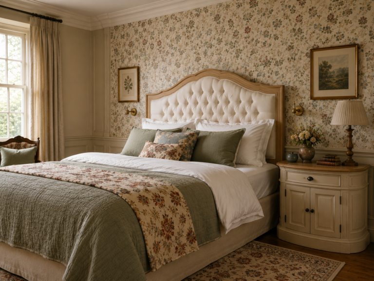 Dormitorio acogedor de estilo inglés con lámpara de mesa, papel pintado floral y muebles de madera vintage.